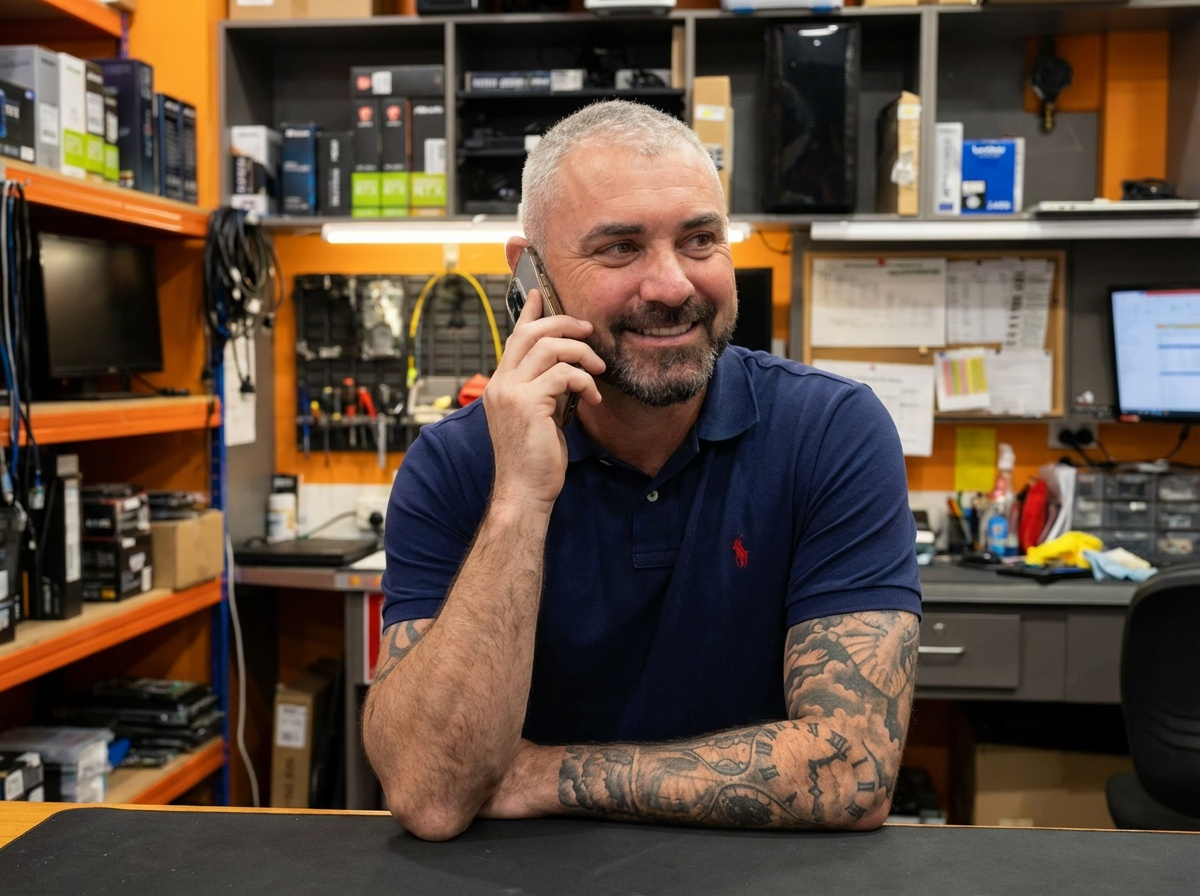 Haider from PC Choice speaking with a customer on the phone